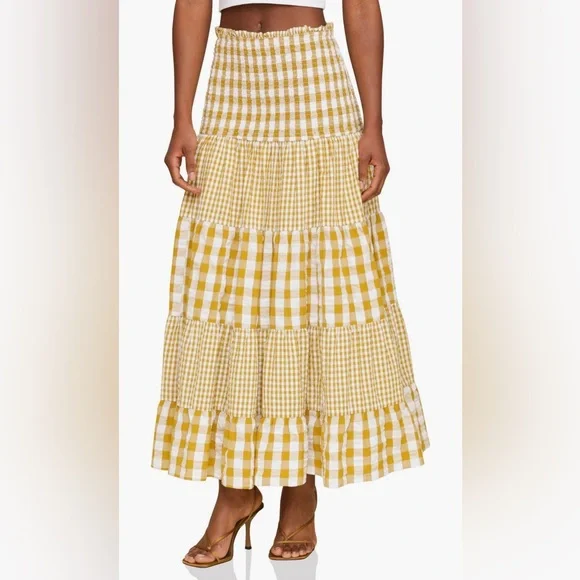 Avec Les Filles mixed print tiered cotton Gingham Maxi Skit - Picture 2 of 9